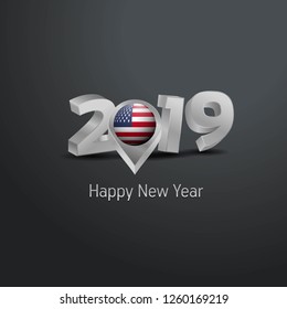 Happy New Year 2019 Grey Typography with United States of America Flag Location Pin. Country Flag  Design