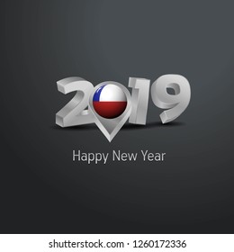 Happy New Year 2019 Grey Typography with Chile Flag Location Pin. Country Flag  Design