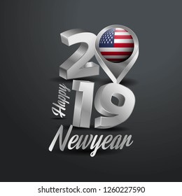 Happy New Year 2019 Grey Typography with United States of America Flag Location Pin. Country Flag  Design
