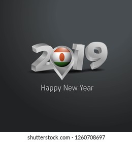Happy New Year 2019 Grey Typography with Niger Flag Location Pin. Country Flag  Design