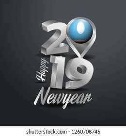 Happy New Year 2019 Grey Typography with Sakha Republic Flag Location Pin. Country Flag  Design