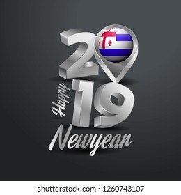 Happy New Year 2019 Grey Typography with Ajaria Flag Location Pin. Country Flag  Design