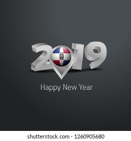 Happy New Year 2019 Grey Typography with Dominican Republic Flag Location Pin. Country Flag  Design