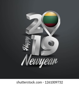 Happy New Year 2019 Grey Typography with Lithuania Flag Location Pin. Country Flag  Design