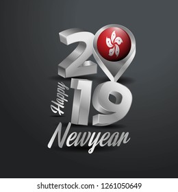 Happy New Year 2019 Grey Typography with Hongkong Flag Location Pin. Country Flag  Design