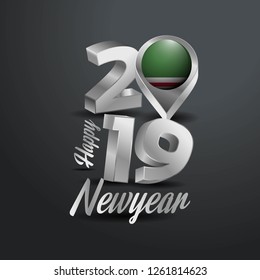Happy New Year 2019 Grey Typography with Chechen Republic of Lchkeria Flag Location Pin. Country Flag  Design