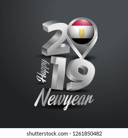 Happy New Year 2019 Grey Typography with Egypt Flag Location Pin. Country Flag  Design