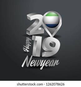 Happy New Year 2019 Grey Typography with Sierra Leone Flag Location Pin. Country Flag  Design