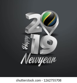 Happy New Year 2019 Grey Typography with Tanzania Flag Location Pin. Country Flag  Design
