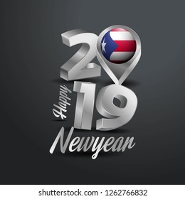 Happy New Year 2019 Grey Typography with Puerto Rico Flag Location Pin. Country Flag  Design