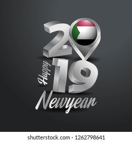 Happy New Year 2019 Grey Typography with Sudan Flag Location Pin. Country Flag  Design