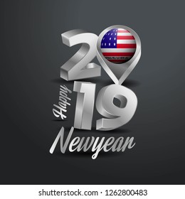 Happy New Year 2019 Grey Typography with Bikini Atoll Flag Location Pin. Country Flag  Design