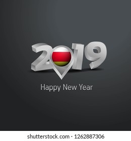 Happy New Year 2019 Grey Typography with South Ossetia Flag Location Pin. Country Flag  Design