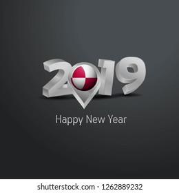 Happy New Year 2019 Grey Typography with Greenland Flag Location Pin. Country Flag  Design