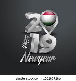 Happy New Year 2019 Grey Typography with Hungary Flag Location Pin. Country Flag  Design