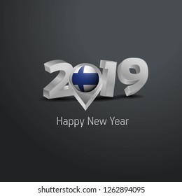 Happy New Year 2019 Grey Typography with Finland Flag Location Pin. Country Flag  Design