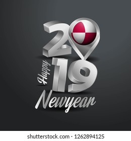 Happy New Year 2019 Grey Typography with Greenland Flag Location Pin. Country Flag  Design