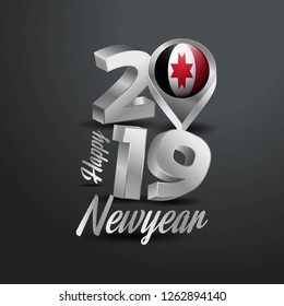 Happy New Year 2019 Grey Typography with Udmurtia Flag Location Pin. Country Flag  Design