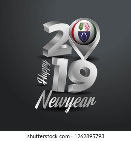 Happy New Year 2019 Grey Typography with Bosnia and Herzegovina Flag Location Pin. Country Flag  Design