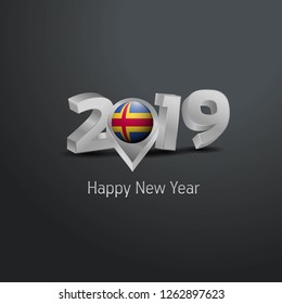 Happy New Year 2019 Grey Typography with Aland Flag Location Pin. Country Flag  Design