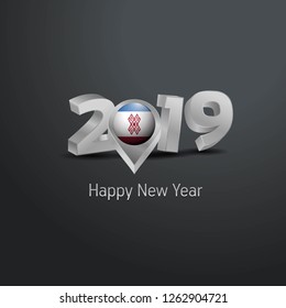 Happy New Year 2019 Grey Typography with Mari-El Flag Location Pin. Country Flag  Design