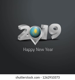 Happy New Year 2019 Grey Typography with Kazakhstan Flag Location Pin. Country Flag  Design