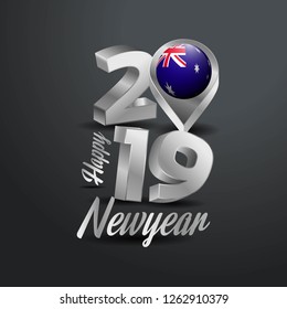 Happy New Year 2019 Grey Typography with Australia Flag Location Pin. Country Flag  Design