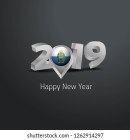 Happy New Year 2019 Grey Typography with San Marino Flag Location Pin. Country Flag  Design
