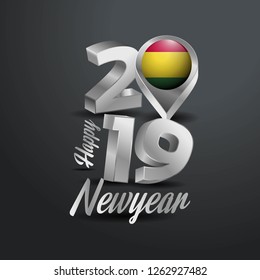Happy New Year 2019 Grey Typography with Bolivia Flag Location Pin. Country Flag  Design