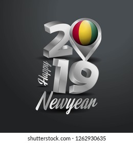 Happy New Year 2019 Grey Typography with Guinea Flag Location Pin. Country Flag  Design
