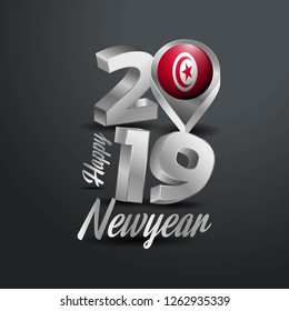 Happy New Year 2019 Grey Typography with Tunisia Flag Location Pin. Country Flag  Design