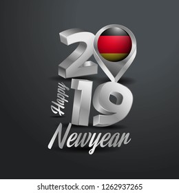 Happy New Year 2019 Grey Typography with Germany Flag Location Pin. Country Flag  Design