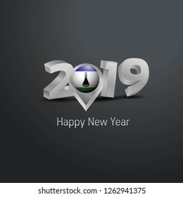 Happy New Year 2019 Grey Typography with Lesotho Flag Location Pin. Country Flag  Design