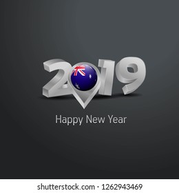 Happy New Year 2019 Grey Typography with Australia Flag Location Pin. Country Flag  Design