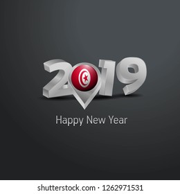 Happy New Year 2019 Grey Typography with Tunisia Flag Location Pin. Country Flag  Design