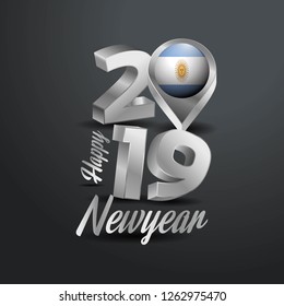 Happy New Year 2019 Grey Typography with Argentina Flag Location Pin. Country Flag  Design