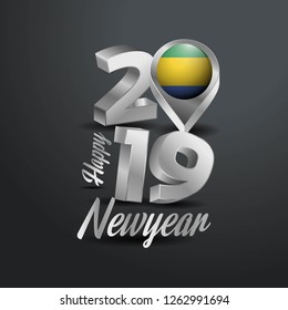 Happy New Year 2019 Grey Typography with Gabon Flag Location Pin. Country Flag  Design