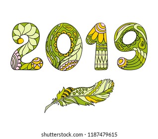Happy New Year 2019. Hand drawn numbers with abstract patterns on isolation background. Design for spiritual relaxation for adults. Line art. Intricate symbols on white. Greeting cards. Xmas signs