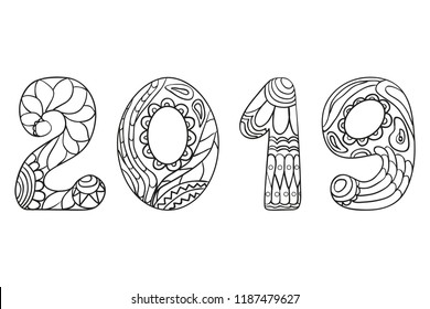 Happy New Year 2019. Hand drawn numbers with abstract patterns on isolation background. Design for spiritual relaxation for adults. Line art. Intricate symbols on white. Greeting cards. Xmas signs