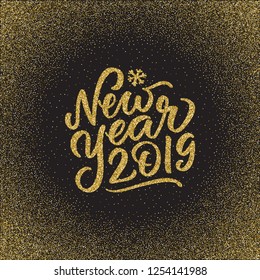 Happy New Year 2019 hand written lettering text, calligraphy. typography. Vector gold on black card template with greetings in french. flyer, banner, poster