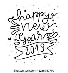 Happy New Year 2019. Hand drawn modern brush lettering. Christmas lettering typography for holiday greeting card.