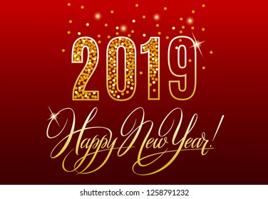 Happy New Year 2019 hand lettering with gold shiny texture. Vector illustration for background, greeting card, website banner, party invitation card.