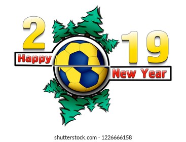 Happy new year 2019 and handball ball with Christmas trees on an isolated background. Creative design pattern for greeting card, banner, poster, flyer, party invitation, calendar. Vector illustration