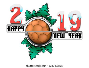 Happy new year 2019 and handball ball with Christmas trees on an isolated background. Creative design pattern for greeting card, banner, poster, flyer, party invitation, calendar. Vector illustration