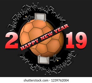 Happy new year 2019 and handball ball with handball fans. Creative design pattern for greeting card, banner, poster, flyer, party invitation, calendar. Vector illustration