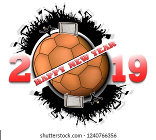 Happy new year 2019 and handball ball with handball fans. Creative design pattern for greeting card, banner, poster, flyer, party invitation, calendar. Vector illustration