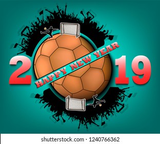 Happy new year 2019 and handball ball with handball fans. Creative design pattern for greeting card, banner, poster, flyer, party invitation, calendar. Vector illustration