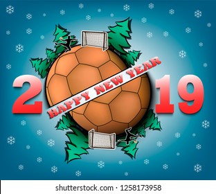 Happy new year 2019 and handball  ball with Christmas trees on an isolated background. Handball  player scores a goal. Design pattern for greeting card. Vector illustration