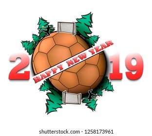 Happy new year 2019 and handball  ball with Christmas trees on an isolated background. Handball  player scores a goal. Design pattern for greeting card. Vector illustration