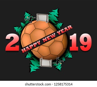 Happy new year 2019 and handball  ball with Christmas trees on an isolated background. Handball  player scores a goal. Design pattern for greeting card. Vector illustration